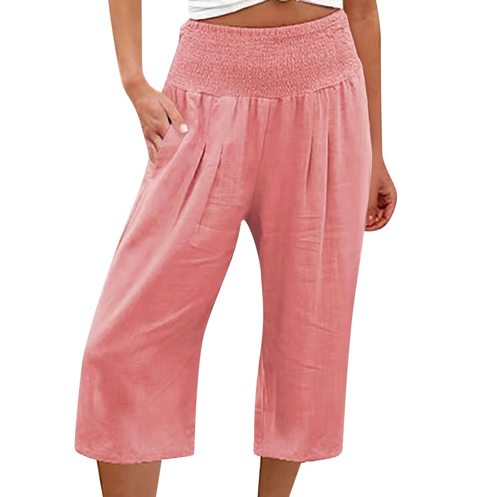 

Жіночі літні штани 3/4 Літні штани з кишенями Повсякденні вільні штани Тканинні штани Спортивні штани для відпочинку Пляжні штани XXL рожевий