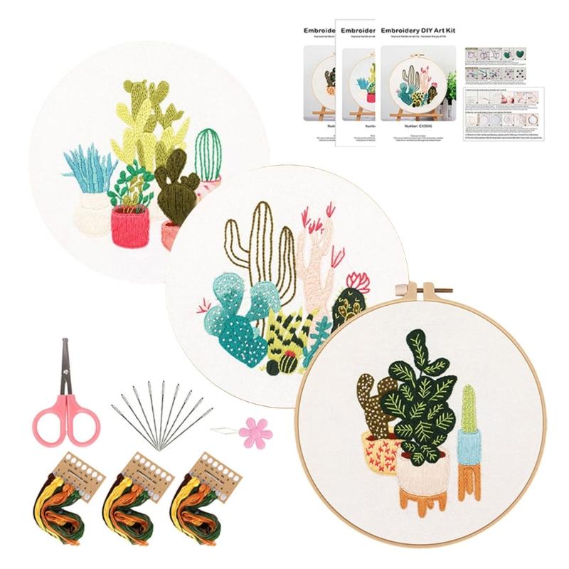 3Sets Leaf Flower Embroidery Set with Embroidery Pattern Beginner Embroidery Set with Instructions Stitching Supplies