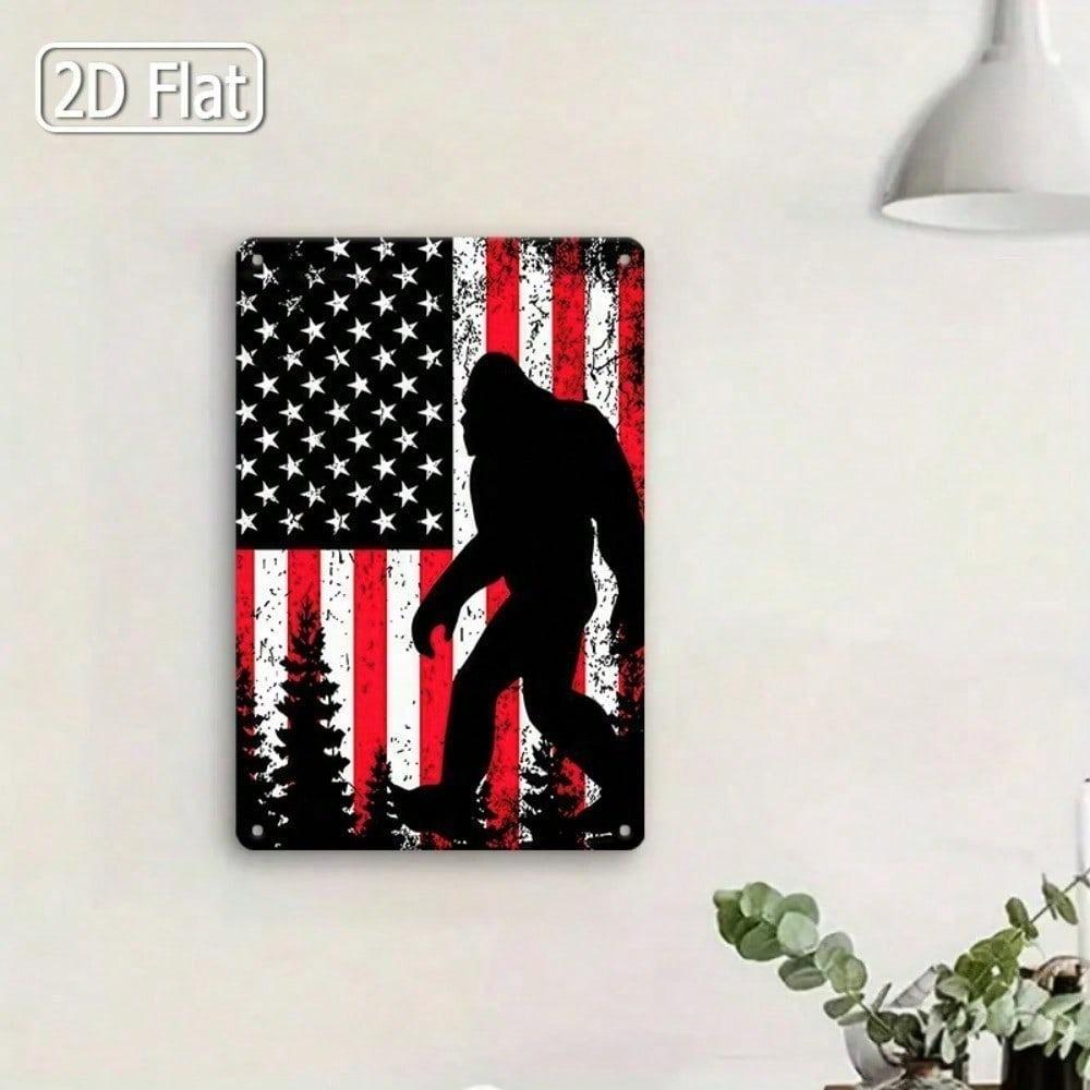 Bigfoot Metal Tin Sign American Flag Rustic Wall Decor Man Cave Gift