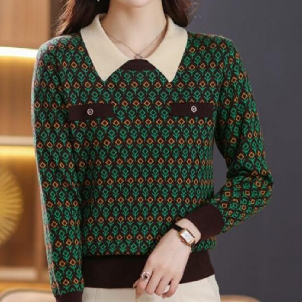 Navava Women Color Pattern Point Collar Long Sleeve Knit Top Nk3534
