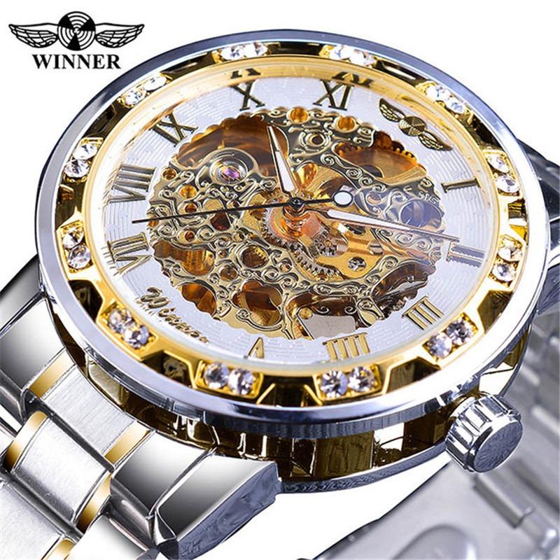 Winner One Winner Herren Mode Lässig Skelett Strass Manuell Mechanische Uhr für Herren Trendig