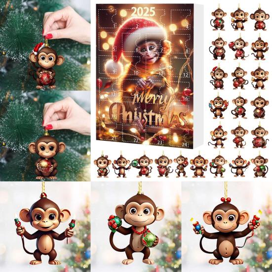 Monkey Advent Calendar 2025 2D Acrylic Monkey Hanging Ornament for Christmas Tree 24 Days Christmas Countdown Calendar for Kids Adult