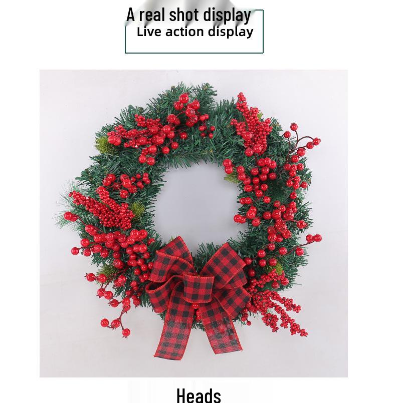 Přeshraniční vánoční červeno-černý kostkovaný věnec s mašlí a bobulovou révou, dekorace na dveře