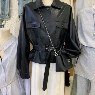 Stilvolle Schwarze Bikerjacke Damen Frühling Cool Chic Ledermantel Mode Oberbekleidung Trendig