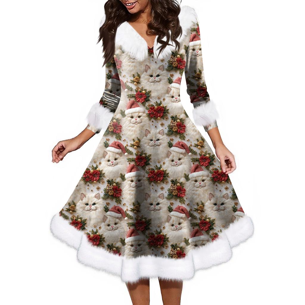 Women's Fashion V-neck Casual Fit Christmas Print Party Long Sleeve Dress