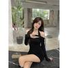 Sexy Spicy Girl Black Off-shoulder Long-sleeve Dress, New Spring Fitted Inner Layer, Niche Slimming Pencil Short Skirt