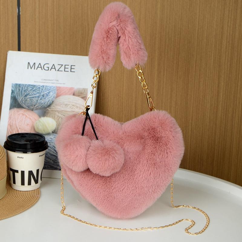 Popular little girl imitation rabbit fur cute fashion love handbag heart-shaped plush bag shoulder crossbody