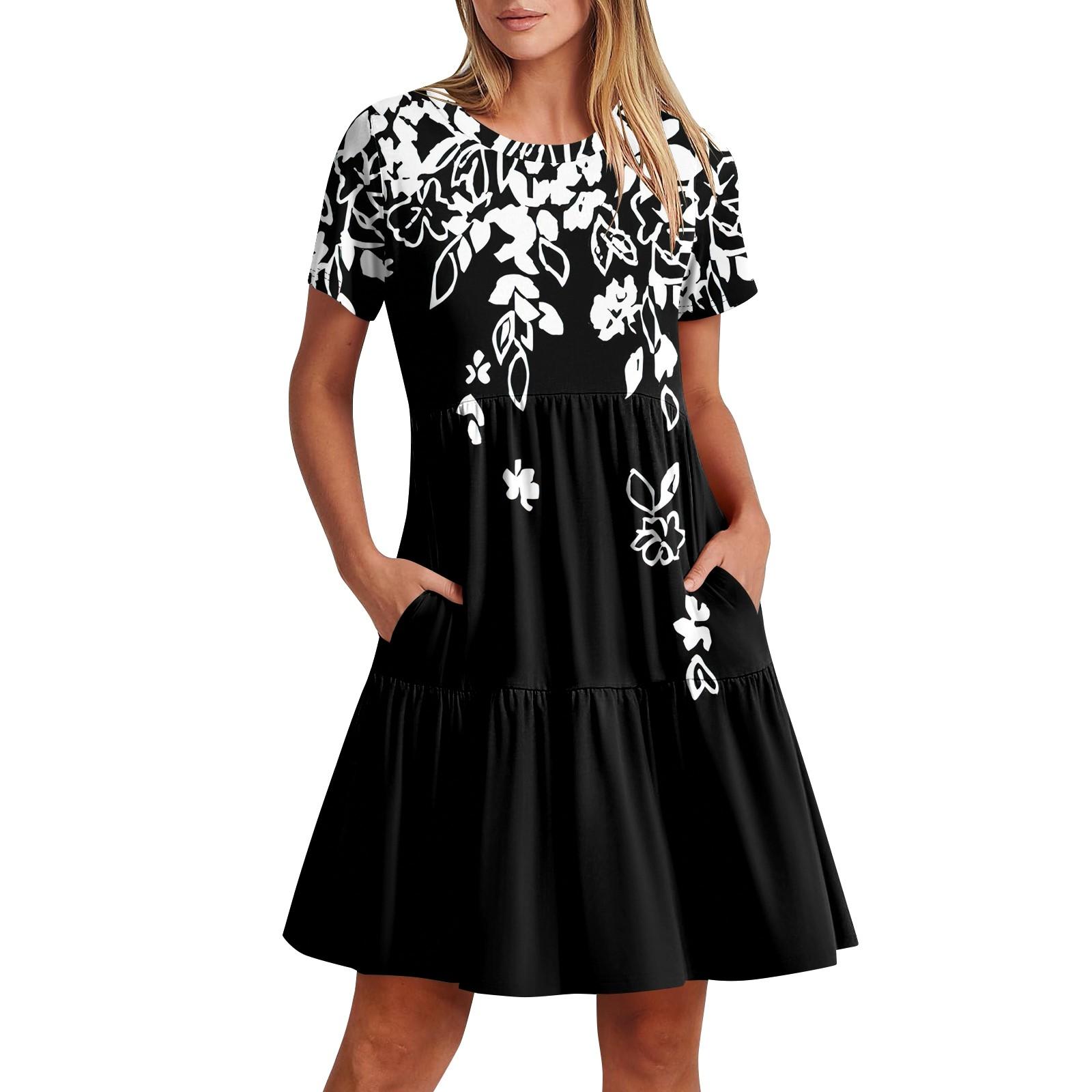 

Женское повседневное модное платье-миди с круглым вырезом и коротким рукавом с принтом и карманом XXL