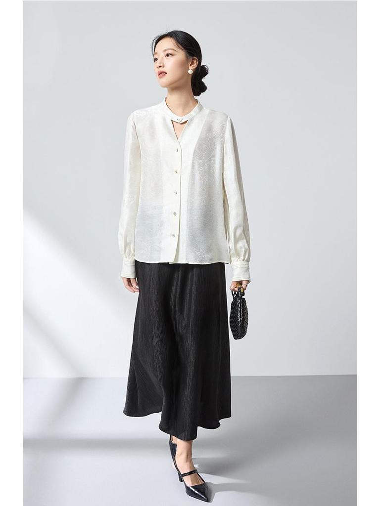 2026 Spring Mulberry Silk Satin Stand Collar Jacquard Shirt - Elegant Ink Wash Style