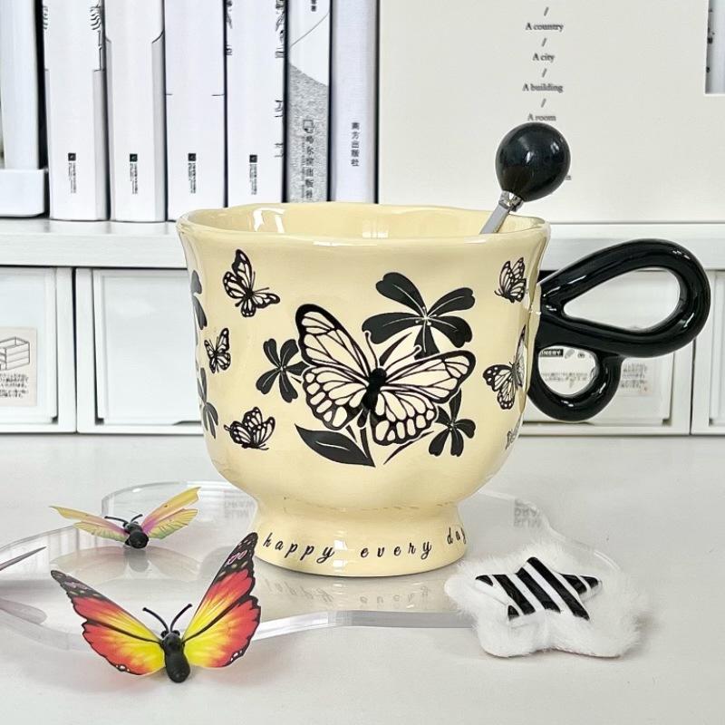 French Retro Butterfly Mug for Girls, High-end Coffee Cup, High-value Ceramic Water Cup, Birthday Gift for Girlfriends