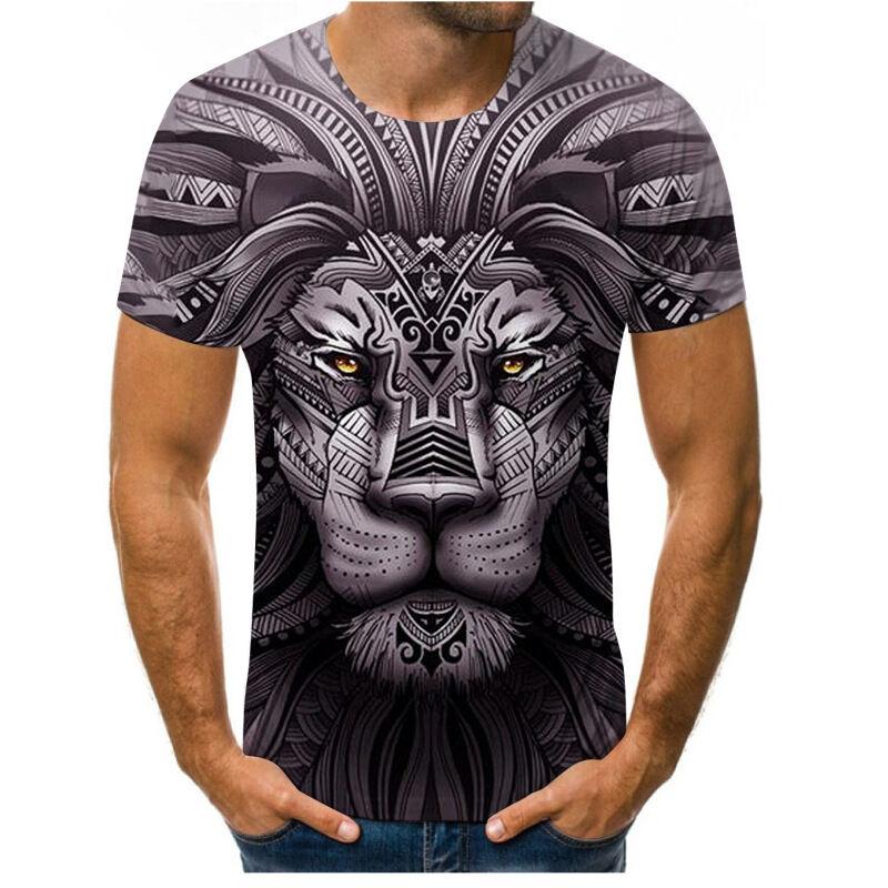 Summer New Style 3D Digital Print round Neck Short Sleeve T-Shirt Lion Tiger Pattern Men's Casual Top Quality Polyester V-Neck