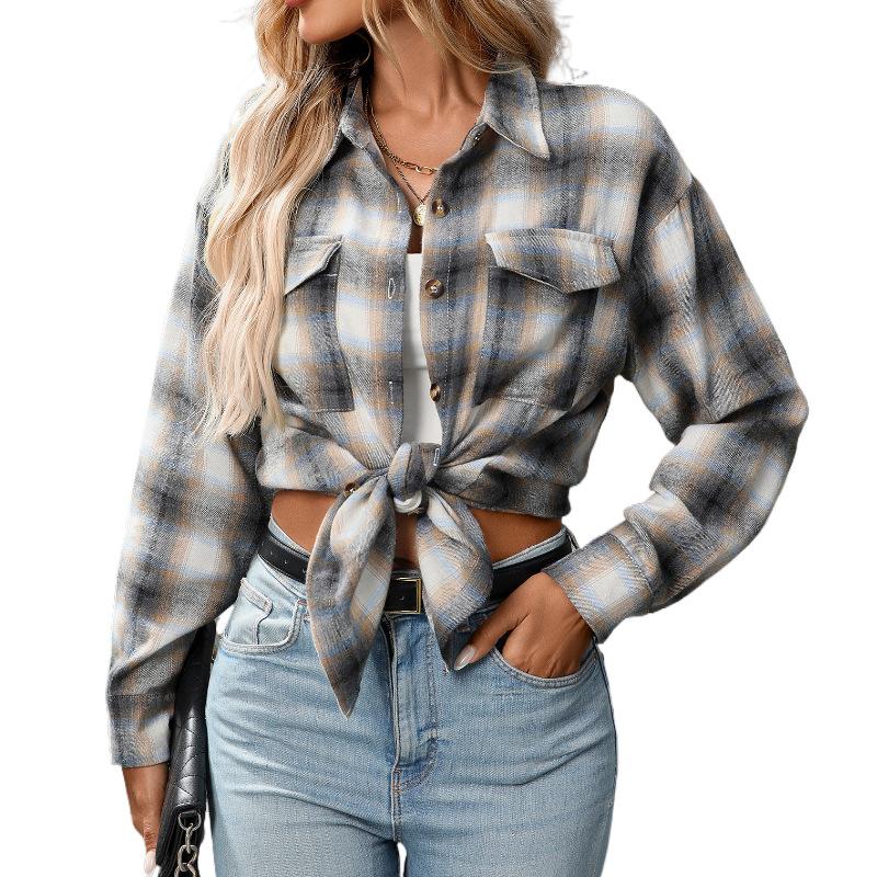 Women's Casual Button-Down Plaid Shirt, Long Sleeve Tie Front Top, Multiple Color Options