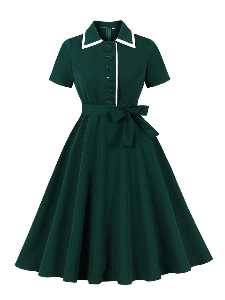 Europäisches Retro-Midikleid mit doppellagigem Revers, kurzen Ärmeln und taillenbetonendem Design für Damen