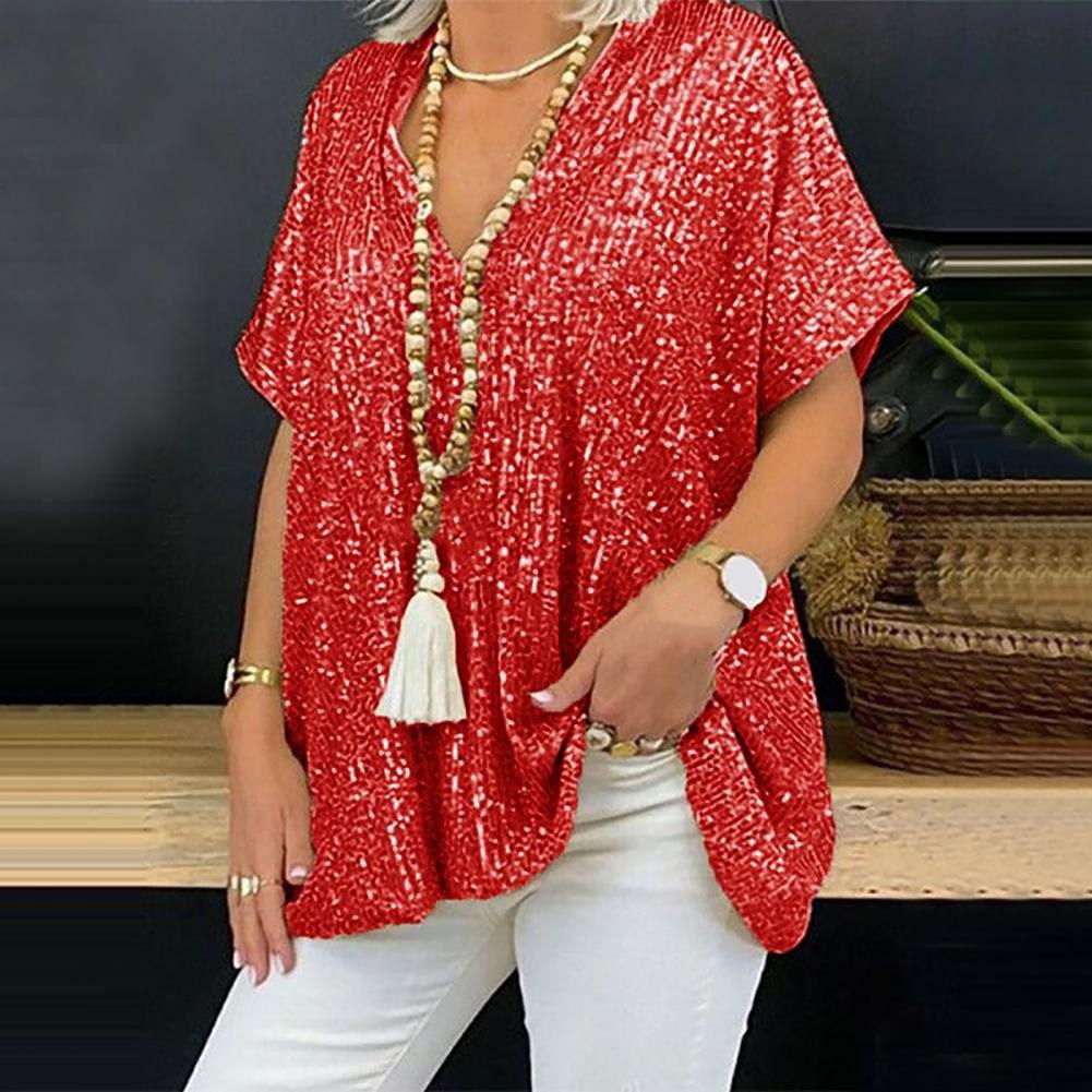 T-shirt Pullover Casual da Donna Estiva a Maniche Corte, Colore Unito, Vestibilità Larga, con Scollo a V e Paillettes