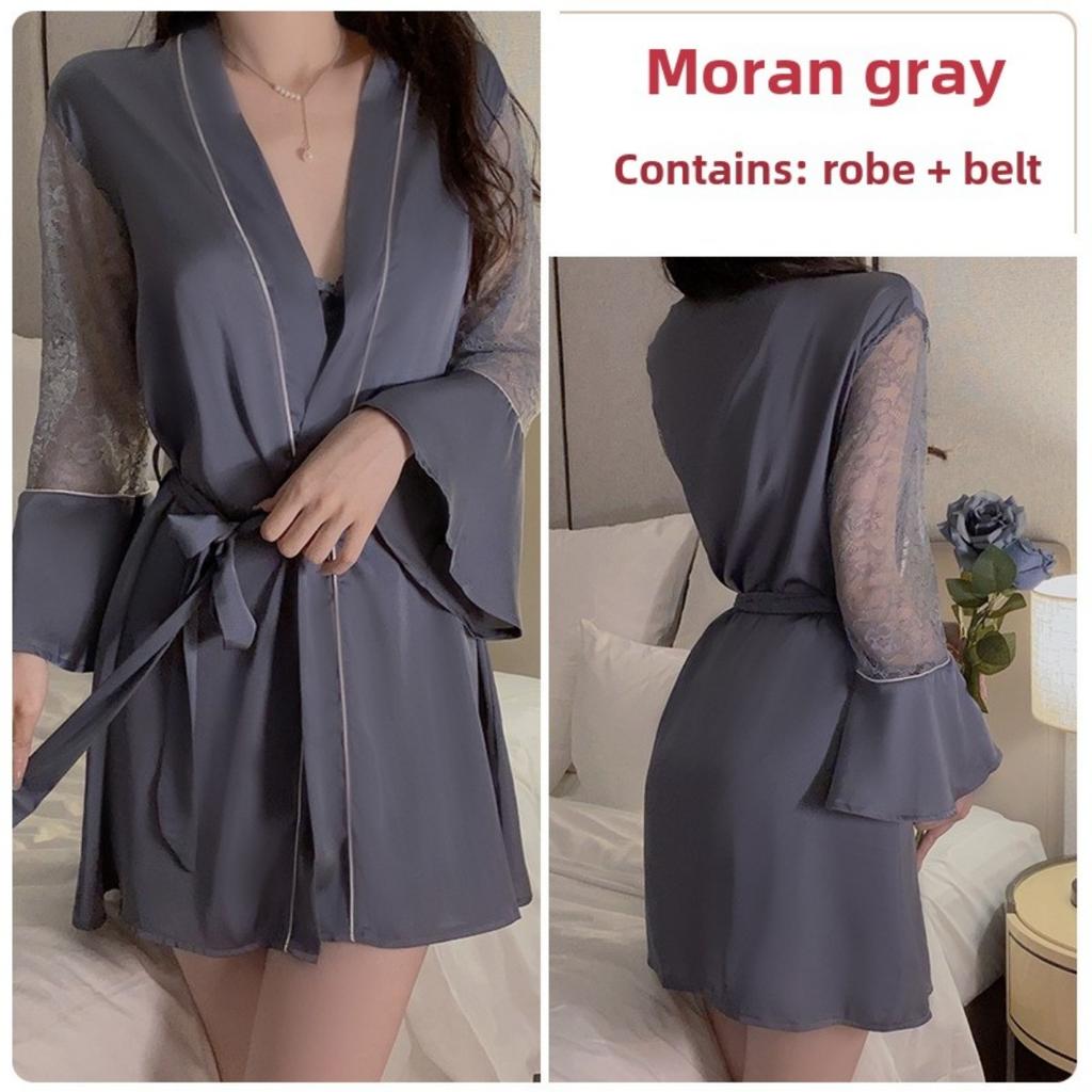 Süße Spitze Tiefes V Plus Brustpolster Sexy Neckholder Seidiger Satin Nachthemd Robe Hausset