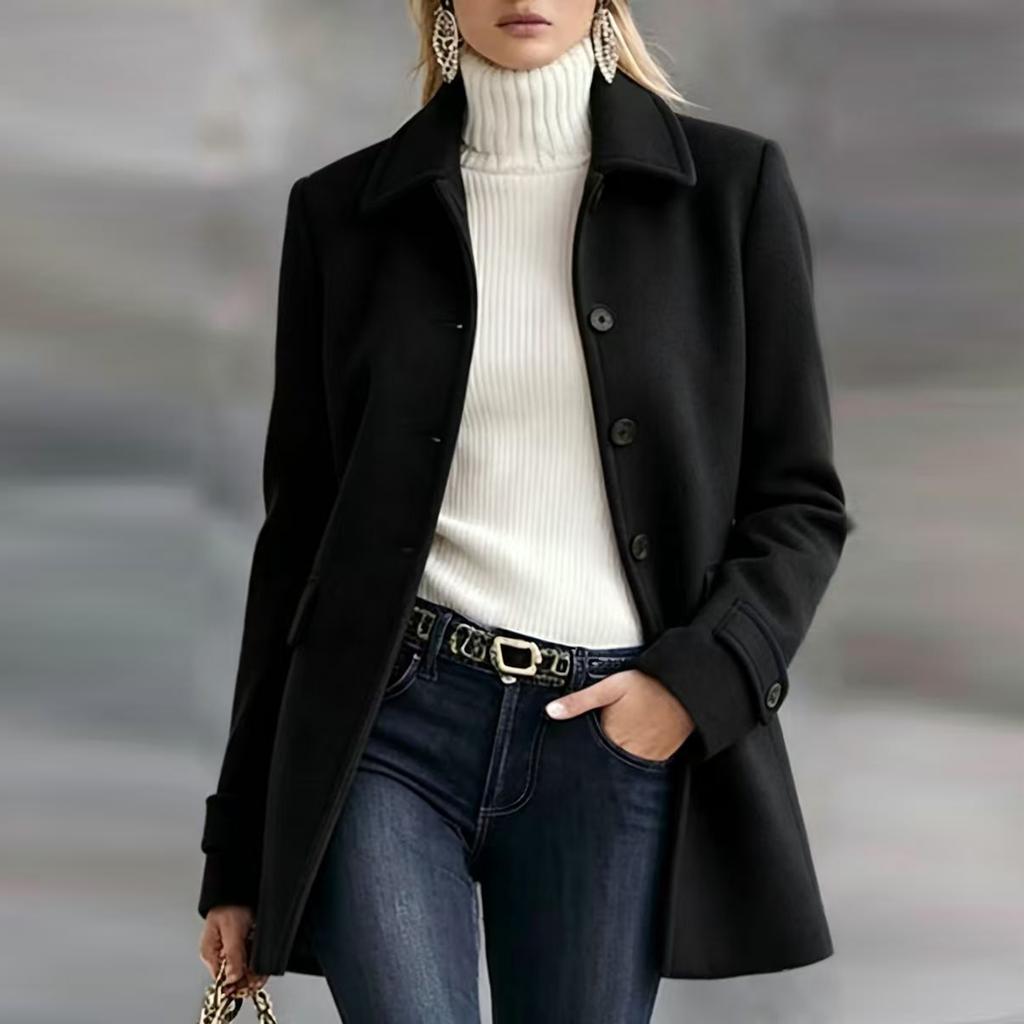 Women's Mid-Length Wool Coat with Lapel and Button Closure