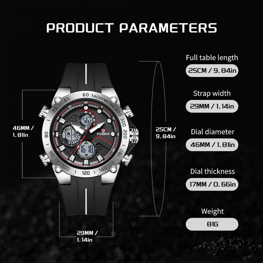 FOXBOX Fashion Big Dial  Men Watch LED Display Sports Waterproof  Men's Quartz Watch