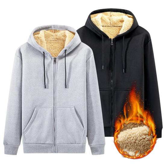 Kardigan Bluza Męska Jesień Zima Jednolity Kolor Podszewka Polarowa Kaptur Kurtka Streetwear Długi Rękaw Kieszenie ze Sznurkiem Zapięcie na Zamek