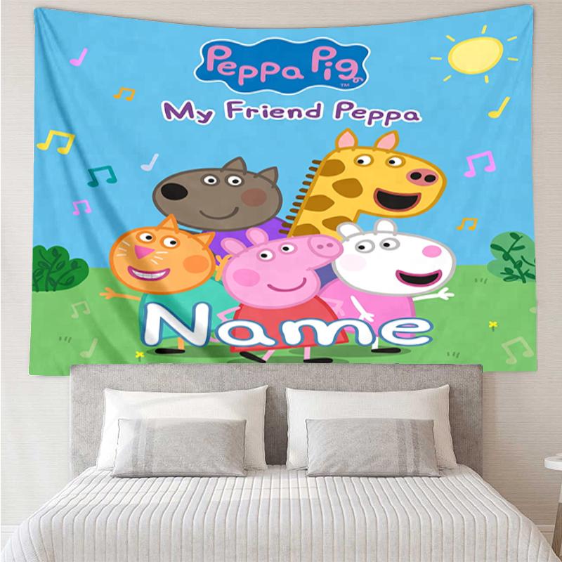 Custom Name Peppa Pig Print Tapestry, Backdrop, Easy Setup, Ideal for Bedroom, Office & Living Room, with Aesthetic Wall Hanging Decor.