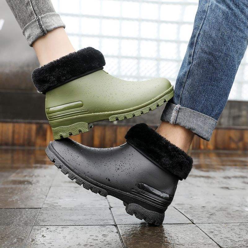 Couple Men's and Women's Short Tube Low-top Rain Shoes Women's Waterproof, Non-slip and Wear-resistant Kitchen Shoes Work Shoes Warm and Velvet Rubbe