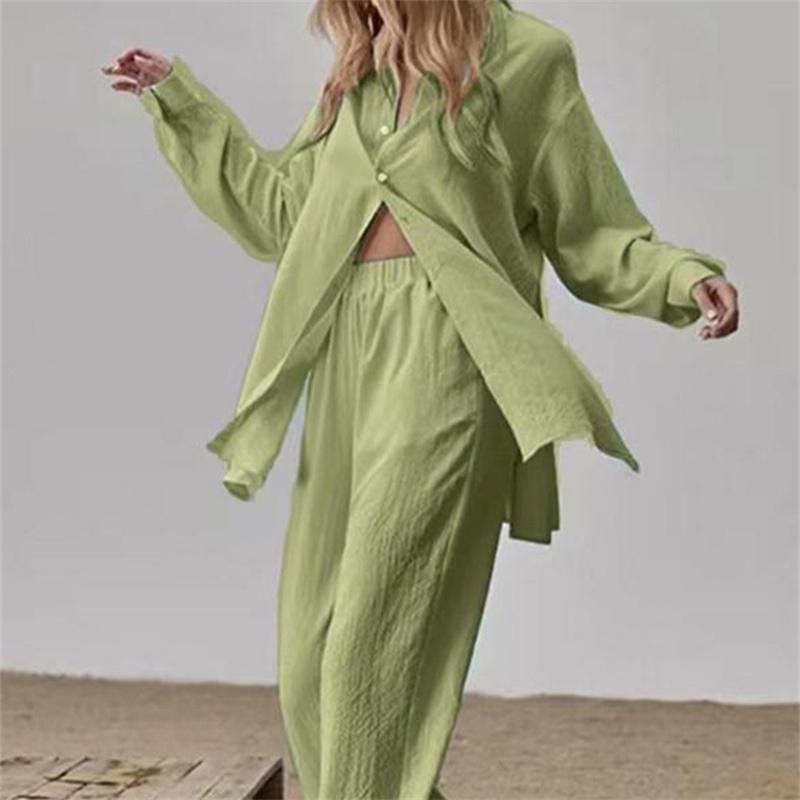 Jarní Elegantní Volný Módní Jednobarevný Outfit Dámské Košilové Obleky Dlouhý Rukáv Klopový Límec Košile A Elastické Kalhoty s Vysokým Pasem 2dílný Set