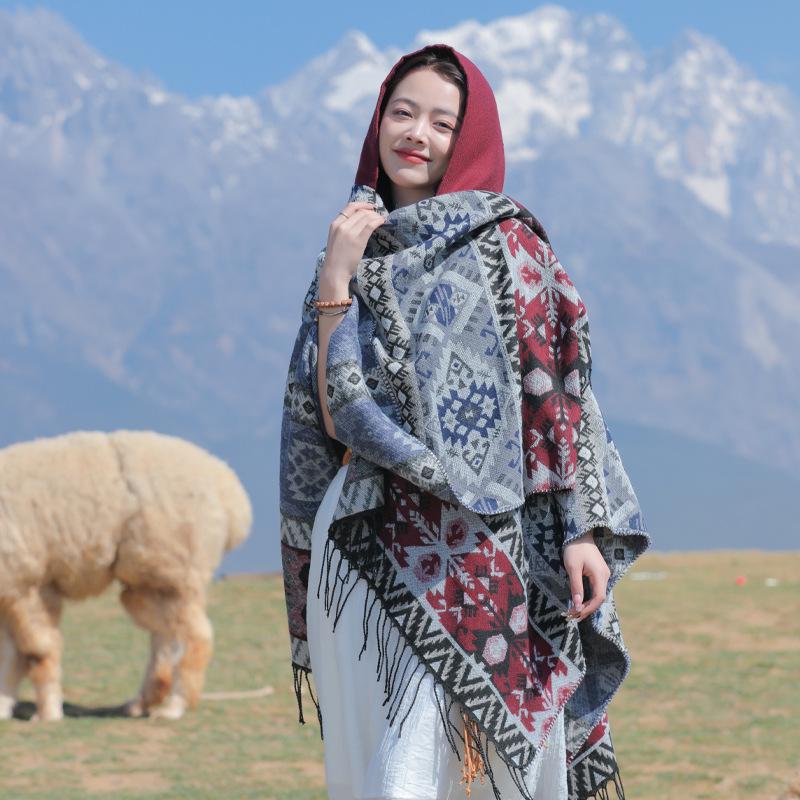 Women's Ethnic Style Hooded Shawl Cloak, Geometric Design for Autumn/Winter, Ideal for Tibet, Qinghai, Yunnan Travel