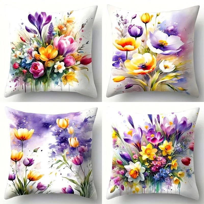 Home Decor Colorful Floral Watercolor Pattern Pillow Covers Pattern Cushion Cover Suitable for Sofa Bedroom Car Pillow Cover