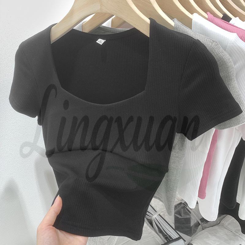 Шикарная однотонная квадратная горловина облегающая короткий рукав футболка Medium чёрный