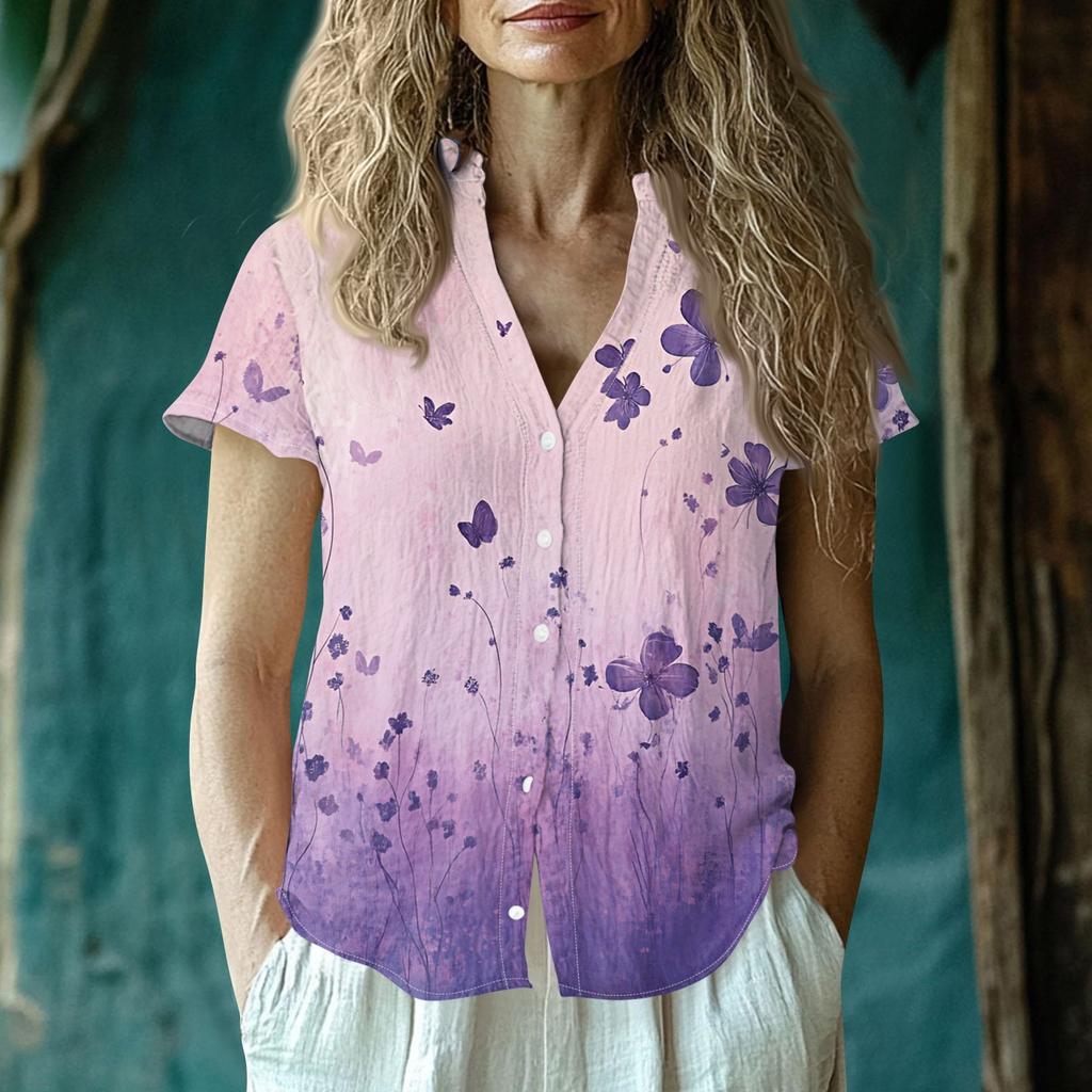 Women's Casual V-neck Short Sleeved Top, Printing T-shirt Shirt