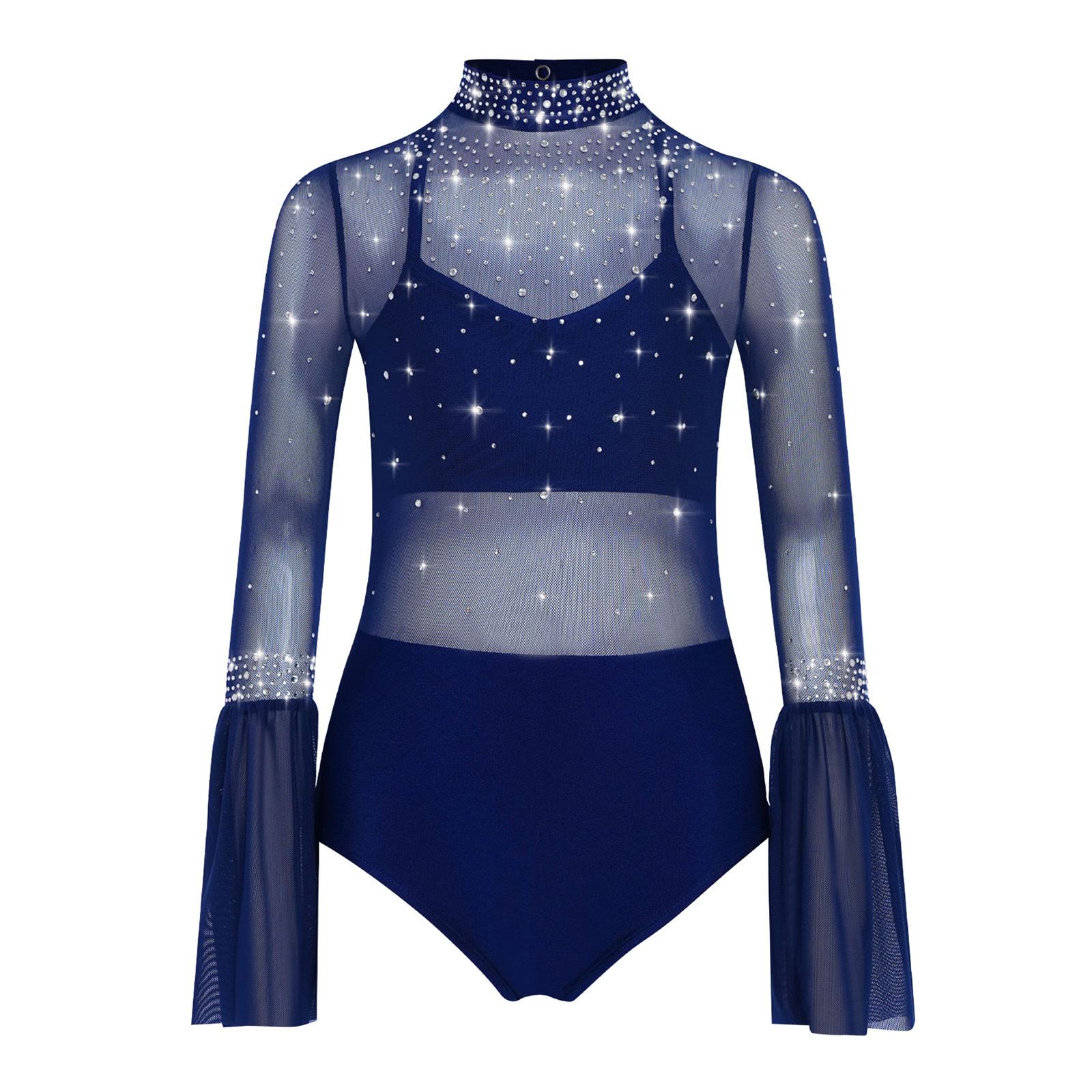 

Girls Dance Leotard Mock Neck Flare Sleeve Backless Design with Sheer Mesh Patchwork Sparkly Rhinestones Bodysuit
