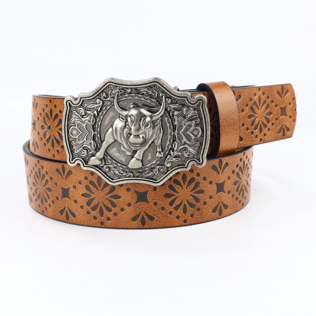 Western Denim Belt, Bull Head Big Board Buckle, Retro Silver And Green Men'S And Women'S Punk Pu Leather Belt