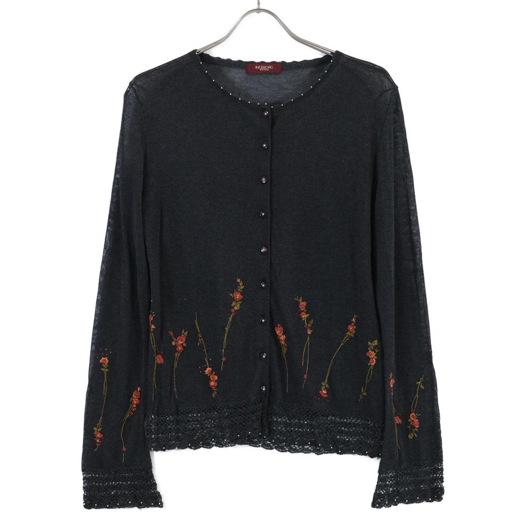 INGEBORG Flower embroidery glitter knit ensemble/ tops L Charcoal grayUsed