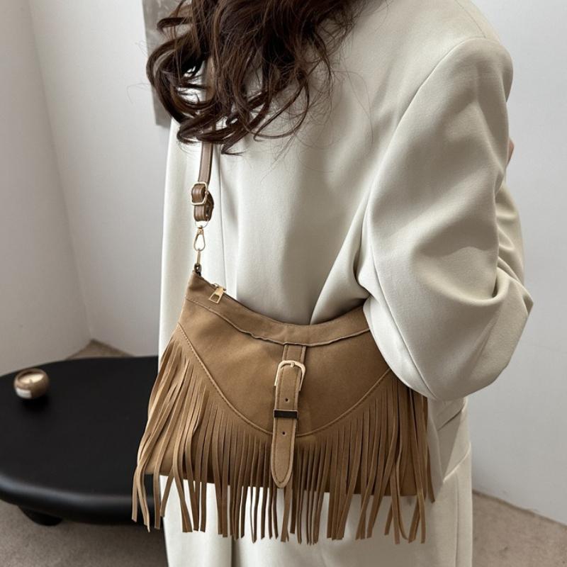 Vintage Western Suede Fringe Tote Bag with Adjustable Strap Buckle Accent Casual Crossbody Purse for Women ,Travel Shoulder Bag
