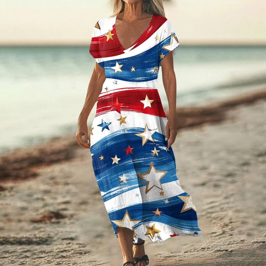 Sommerkleid Damen Lang Strandkleid Elegantes Kleid V-Ausschnitt Kurzarm Sommerkleid Leicht Luftig