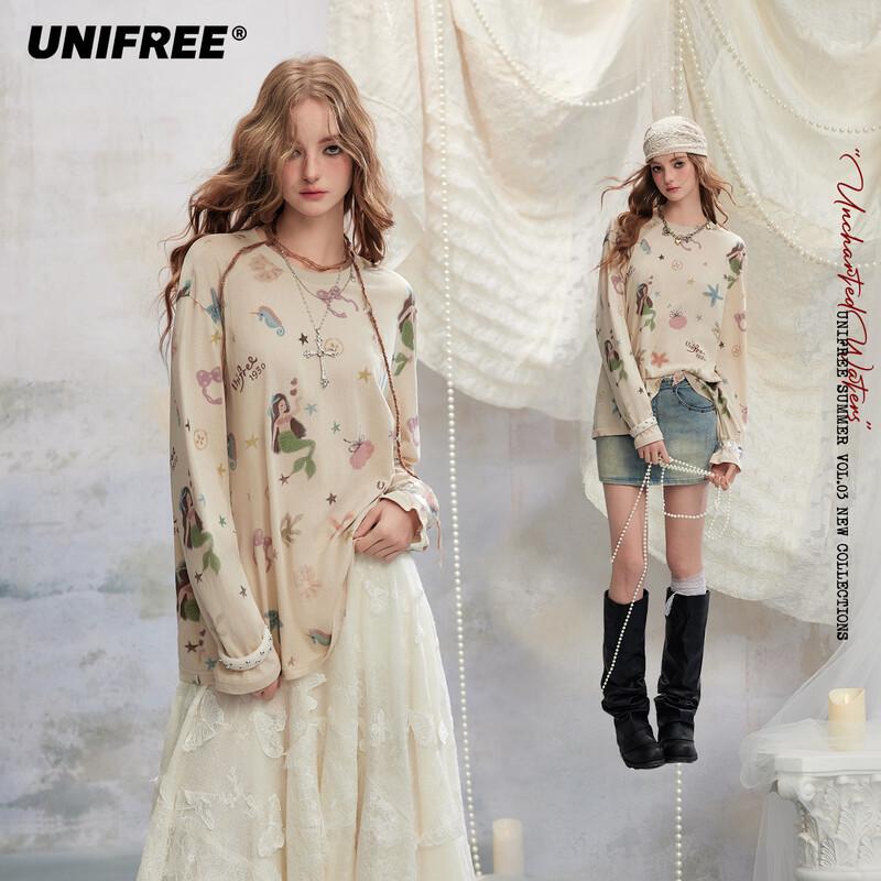UNIFREE Sweet & Cool Dream Print Loose T-Shirt L