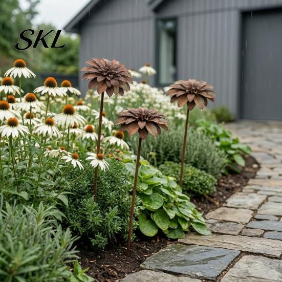 Garden Decorations Rustic Metal Flower Stakes, Large Rusted Iron Yard Art, Outdoor Ornaments 19.39 Inch Weather-Resistant Decoration for Lawns