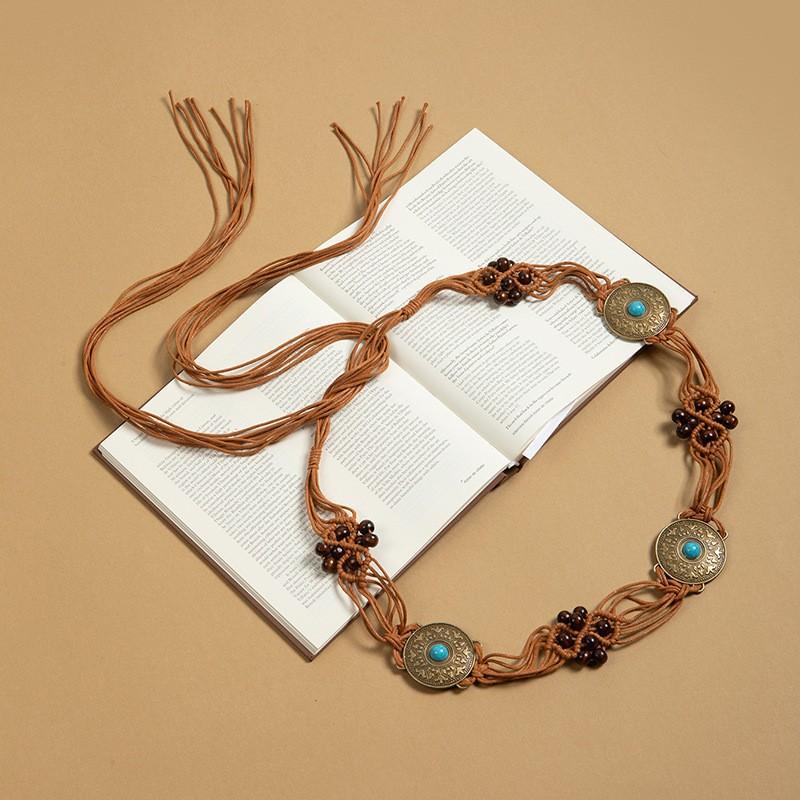 Bohemian Retro Style Belt Women'S Hand-Woven Turquoise Fringed Waist Chain With Skirt Versatile Temperament Advanced