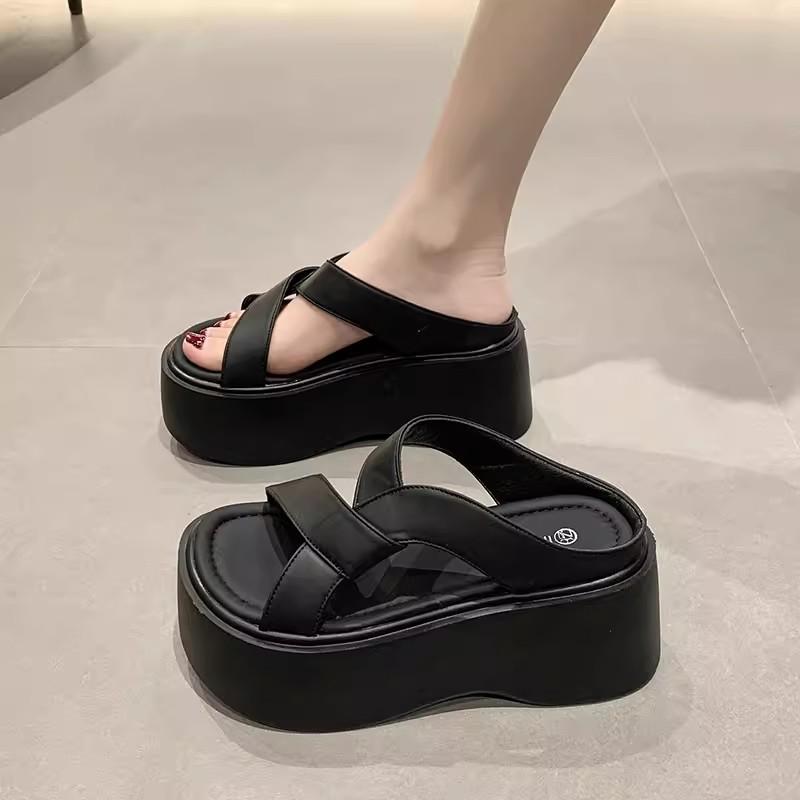 

модні жіночі шльопанці на танкетці з відкритим носком на підборах і товстій платформі, літні жіночі пляжні шльопанці на танкетці 39 чорний