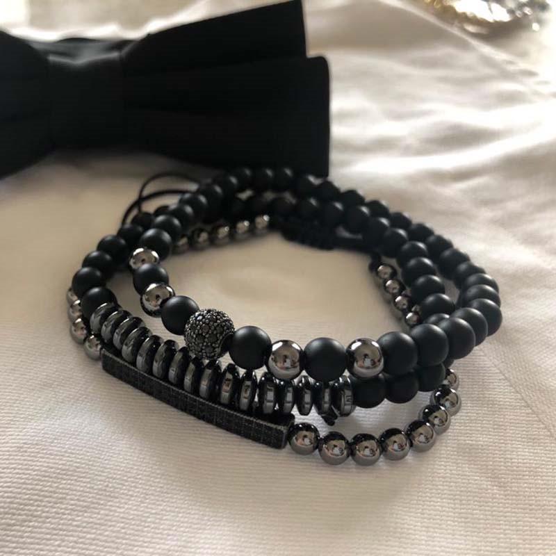Matte Black Cubic Zirconia Ball & UFO Pendant Braided Bracelet Set
