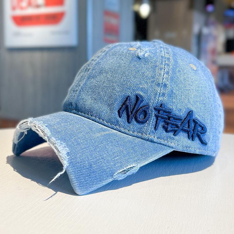 

Letter embroidered washed denim baseball cap for men and women, distressed with holes and a frayed brim, leopard print duckbill cap, sun hat Average Size(55-59cm) світло-синій колір