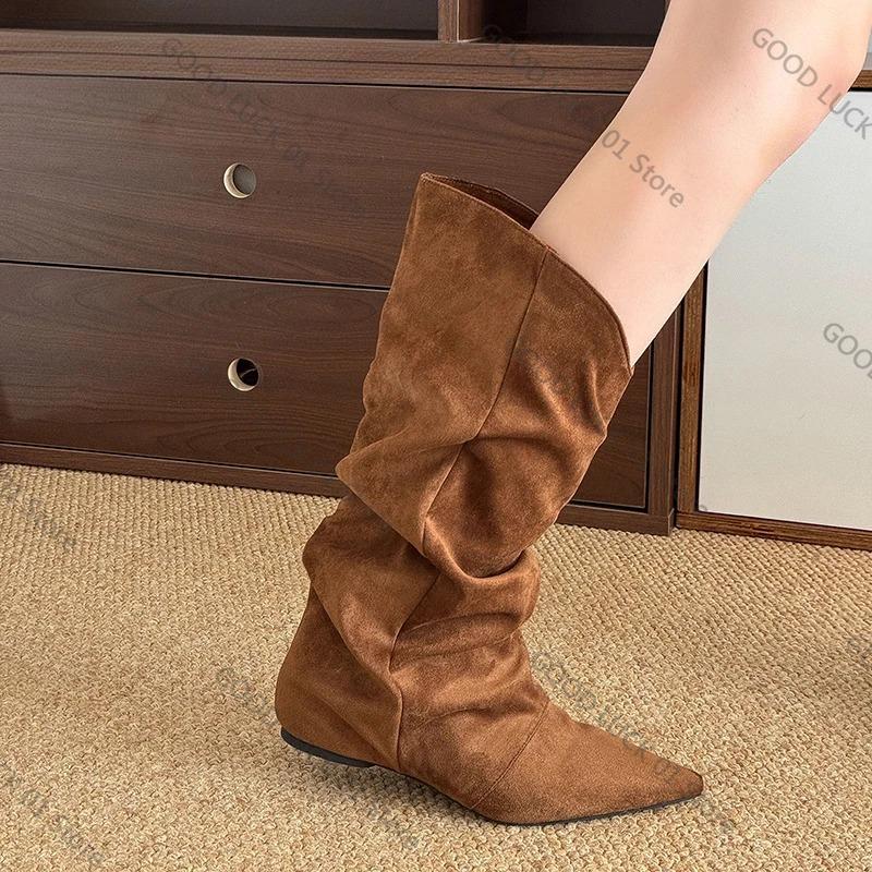 Fashion 2025 Winter Fashion Pleated Woman Knee-High Boots Pointed Toe Internal Elevation Shoes Street Style Mordern Long Botas Mujer