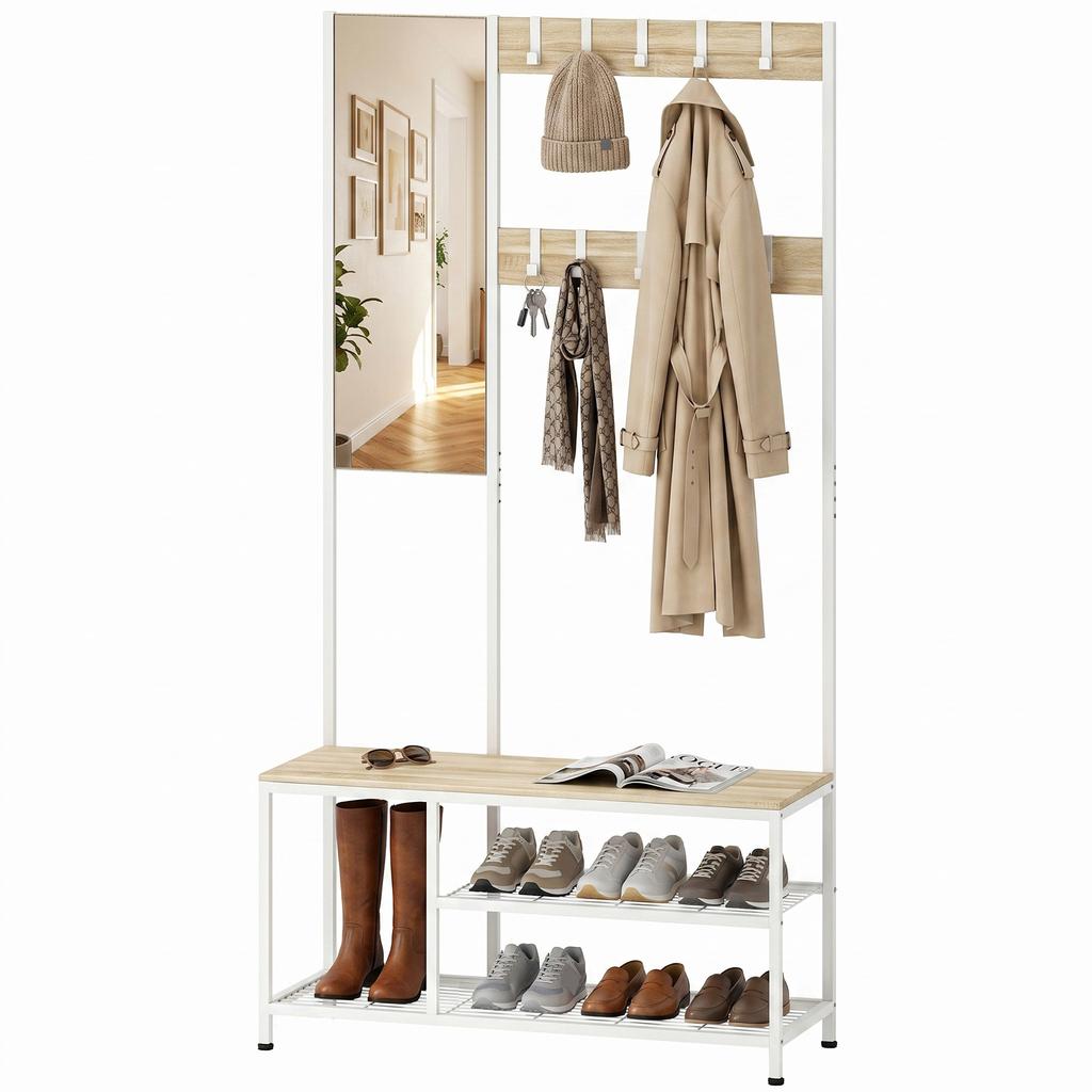 4 In 1 Entryway Coat Rack With Bench Shoe Cabinet Mirror 8 Hooks And Metal Frame Modern Style 98x36x185 Cm Wood