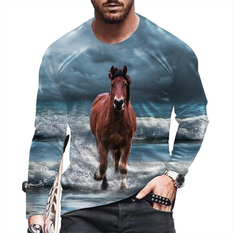 

Spring and Autumn Round Neck Horse 3D Printed Top Fashionable Casual Long Sleeved Men s T-shirts 5XL