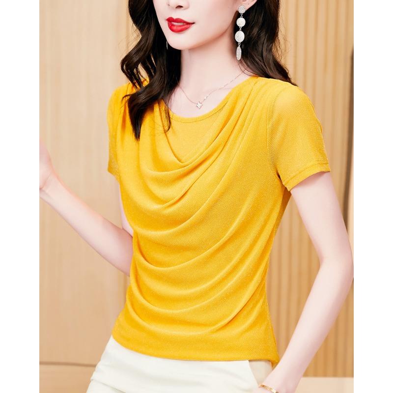 Summer New Fashion Versatile Swing Collar Bright Silk Short-sleeved Mesh Slim Fit T-shirt for Women