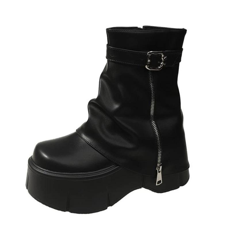 

Женские высокие ботильоны на платформе, осенне-зимние кожаные туфли в готическом стиле с пряжкой, панк-байкерские ботинки, толстые кроссовки с круглым носком 34 чёрный