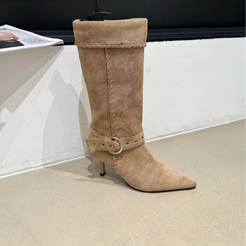 2025 winter new pointed suede stiletto two wear woven thin boots versatile knight Martin boots women