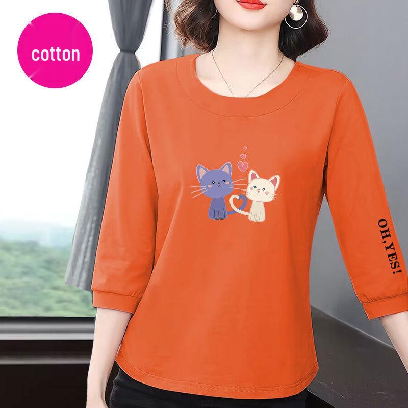 Women's Summer 2025 Korean Style Cotton Seven-Sleeve Casual Loose-Fit Slimming T-Shirt