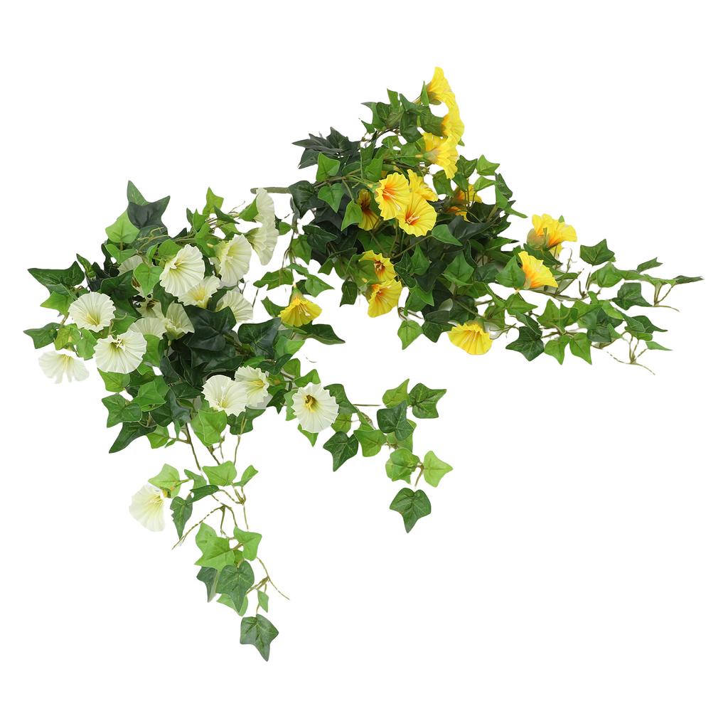Artificial Morning Glory Flower Garland Lifelike Reusable Faux Hanging Vines Plant for Wedding Party Patio Balcony Wall Decoration White+Yellow