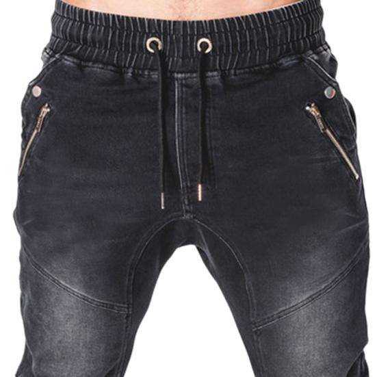 Men Jeans Solid Color Pockets Summer Washable Ankle Tied Denim Pants Streetwear