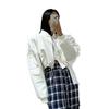 Womens Short PU Leather Bomber Jacket With Ribbed Stand Collar Zip Front Multiple Pockets Loose Fit Urban Casual Style